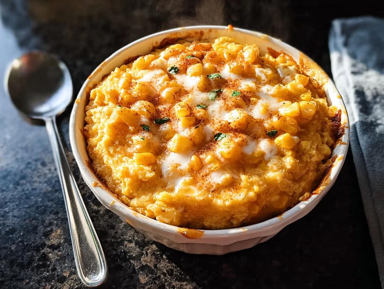 A close-up of a warm, creamy Slow Cooker Corn Pudding in a white dish, topped with melted cheese and a sprinkle of paprika.