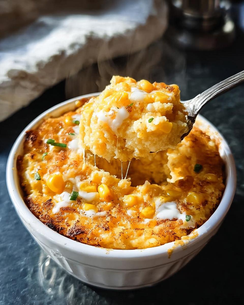 A spoonful of creamy Slow Cooker Corn Pudding, showing melted cheese and corn kernels, with steam rising.