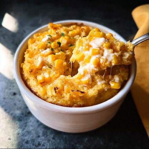 A spoonful of creamy Slow Cooker Corn Pudding is lifted, showing melted cheese strings and whole corn kernels.