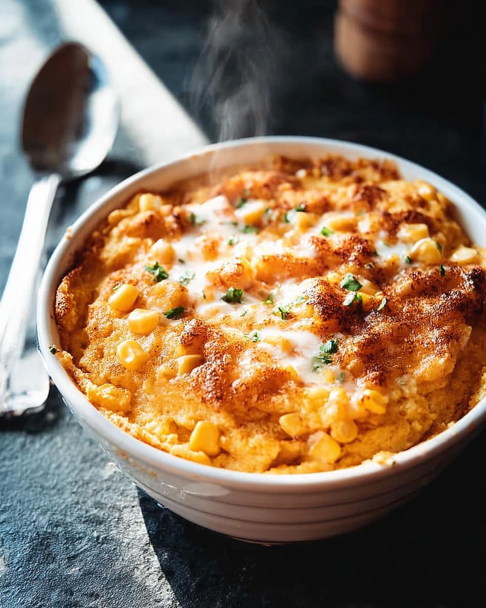 A close-up of a steaming bowl of creamy Slow Cooker Corn Pudding, topped with melted butter and fresh parsley.