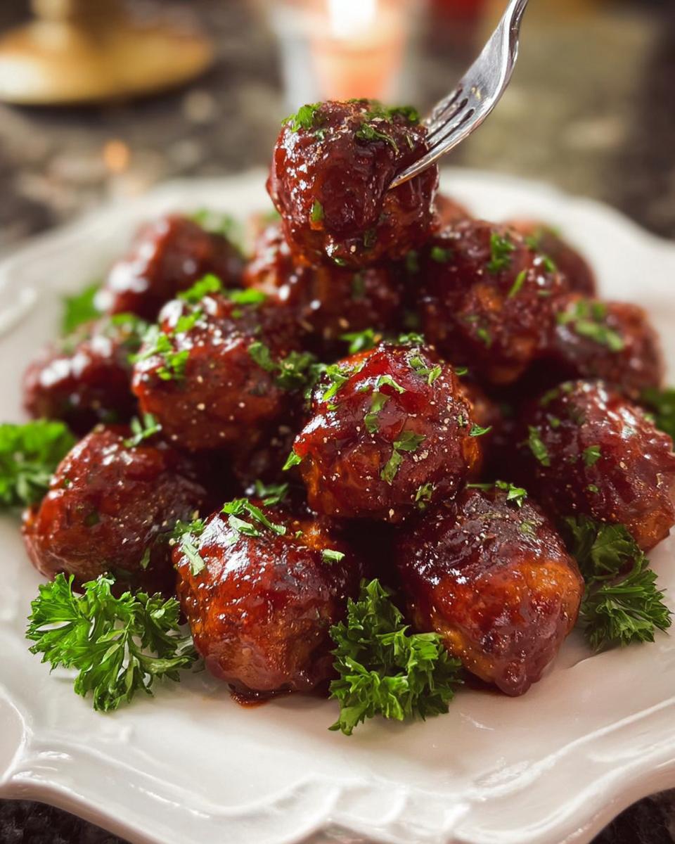 A fork lifting a Slow Cooker Cranberry BBQ Meatball from a pile garnished with parsley.