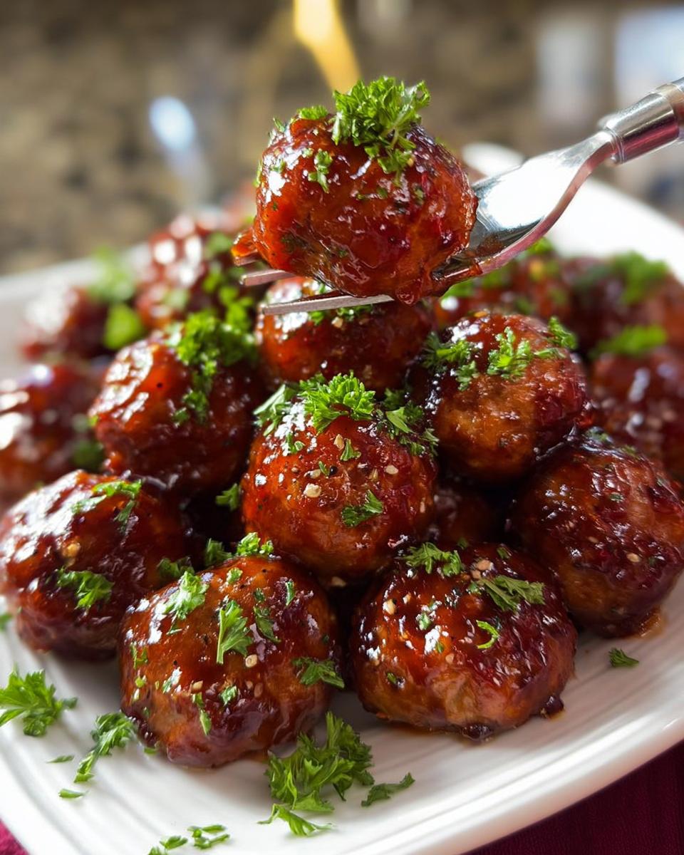 A fork lifts a glistening Slow Cooker Cranberry BBQ Meatball, garnished with parsley, from a platter of meatballs.