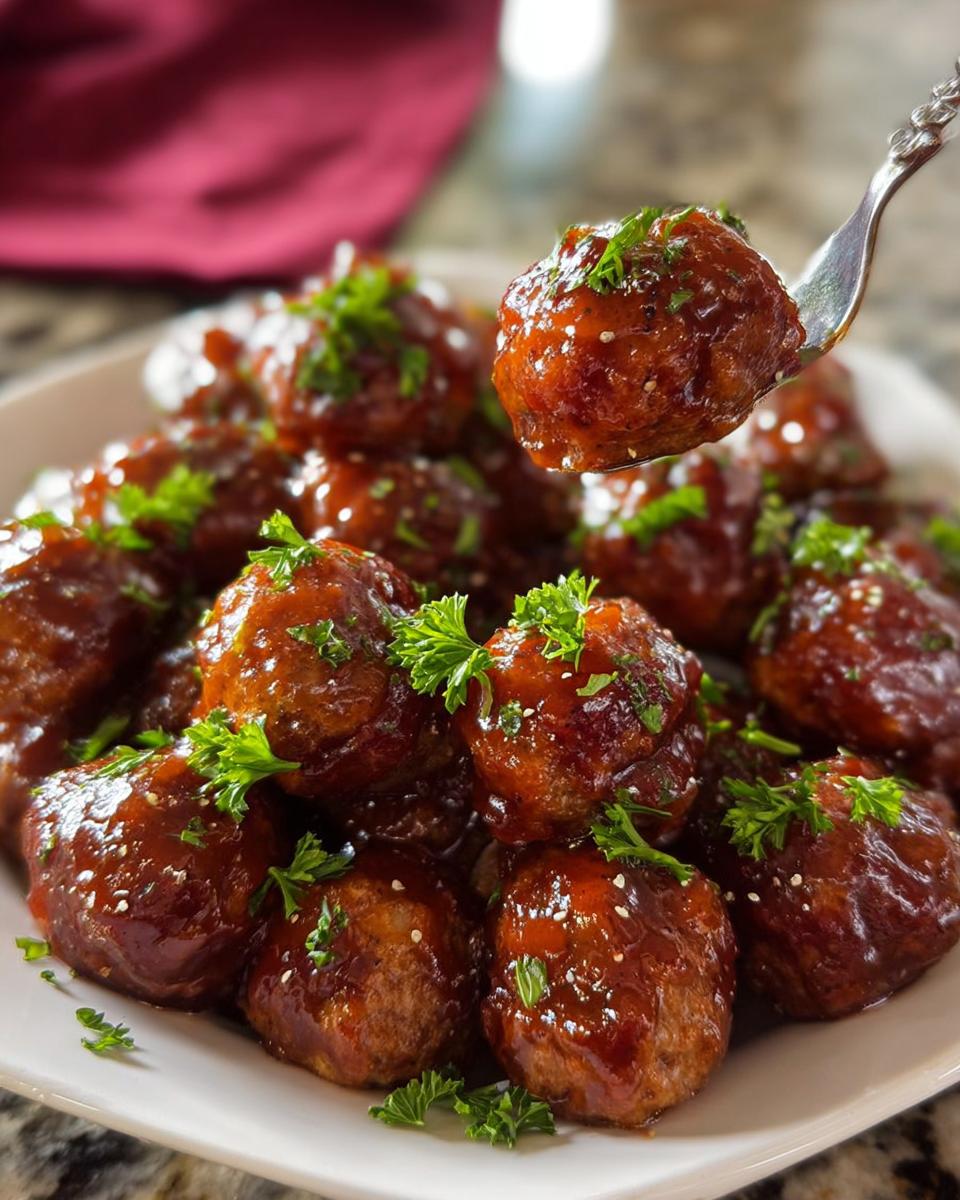 A fork lifts a juicy Slow Cooker Cranberry BBQ Meatball coated in glistening sauce and garnished with parsley.