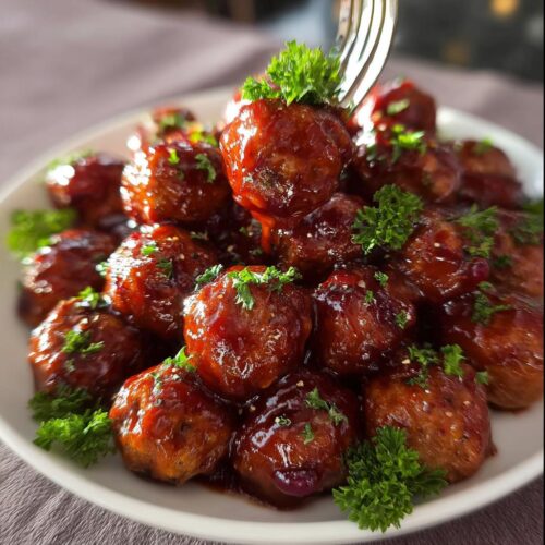 A fork lifts a glistening Slow Cooker Cranberry BBQ Meatball from a pile, garnished with fresh parsley.