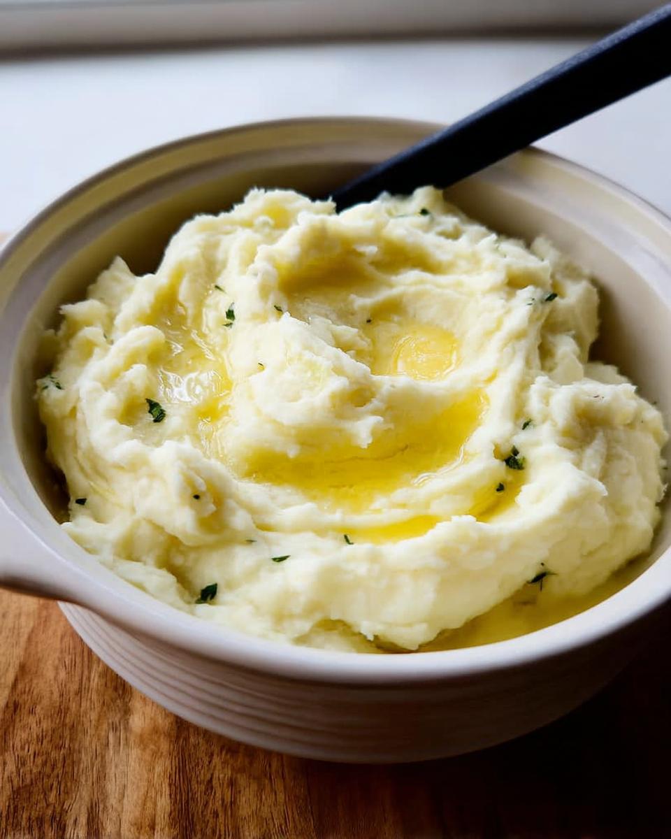 A bowl of fluffy, creamy slow cooker mashed potatoes topped with melted butter and chopped parsley.