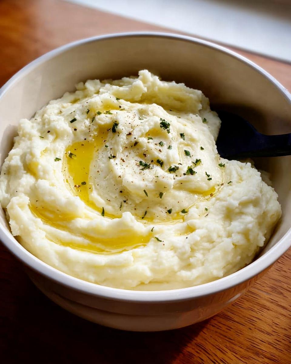 Close-up of creamy slow cooker mashed potatoes in a white bowl, topped with melted butter and chopped parsley.