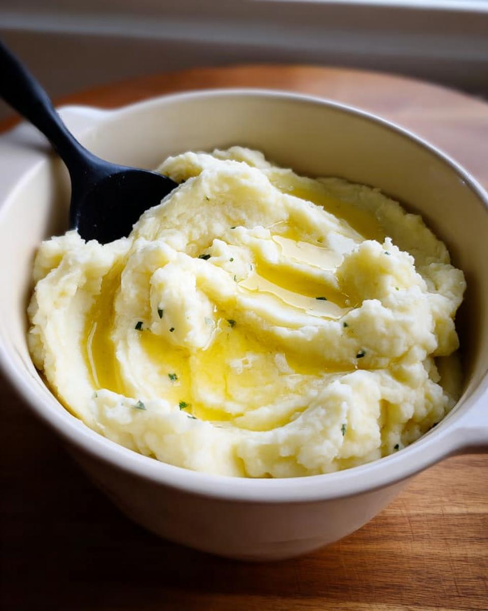 A close-up of creamy Slow Cooker Mashed Potatoes topped with melted butter and herbs in a bowl.