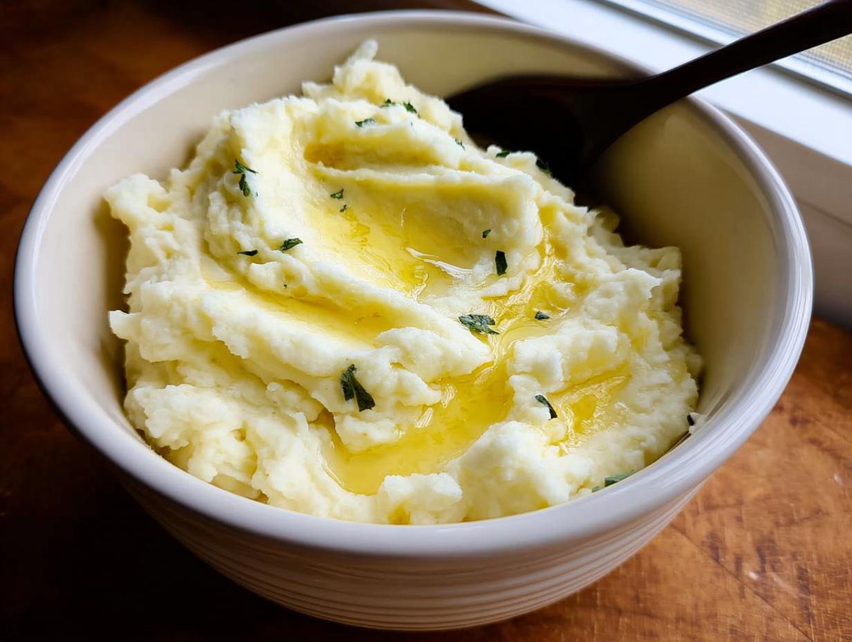 A bowl of creamy Slow Cooker Mashed Potatoes topped with melted butter and chopped parsley, with a spoon.