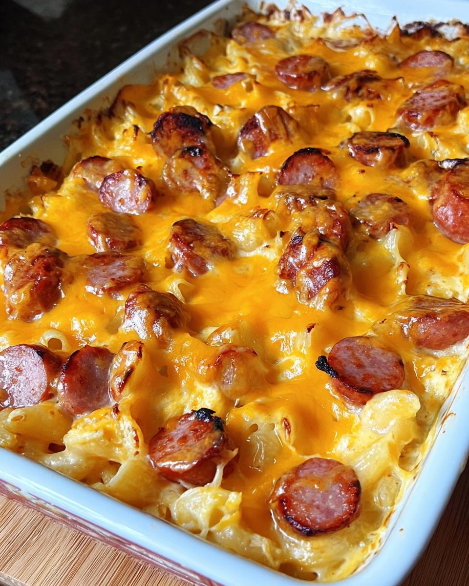 Close-up of a Smoked Sausage Ranch Macaroni Casserole topped with melted cheddar cheese and browned sausage slices.