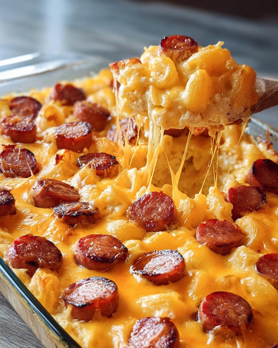 A spoonful lifting a cheesy portion of Smoked Sausage Ranch Macaroni Casserole, showing melted cheese strands.