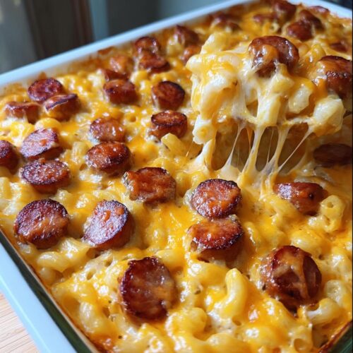 A spoonful lifting cheesy Smoked Sausage Ranch Macaroni Casserole from a baking dish, showing gooey cheese pulls.