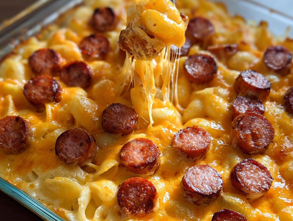 A close-up of a serving spoon lifting a cheesy bite of Smoked Sausage Ranch Macaroni Casserole.
