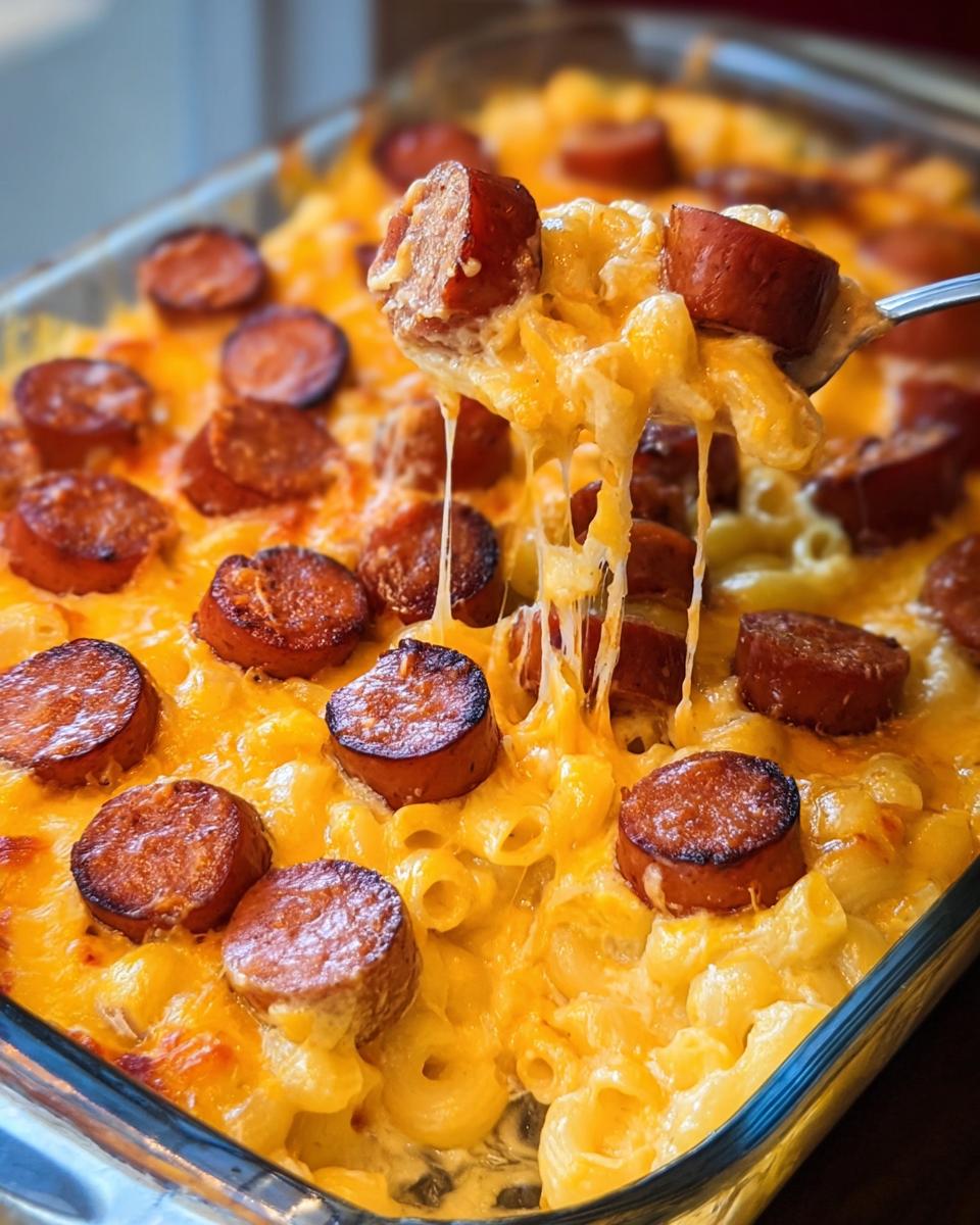 A fork lifting a cheesy bite of Smoked Sausage Ranch Macaroni Casserole, showing melted cheese and pasta.