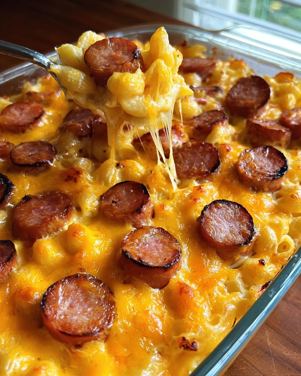 A spoonful of creamy Smoked Sausage Ranch Macaroni Casserole, with melted cheese and sausage slices.