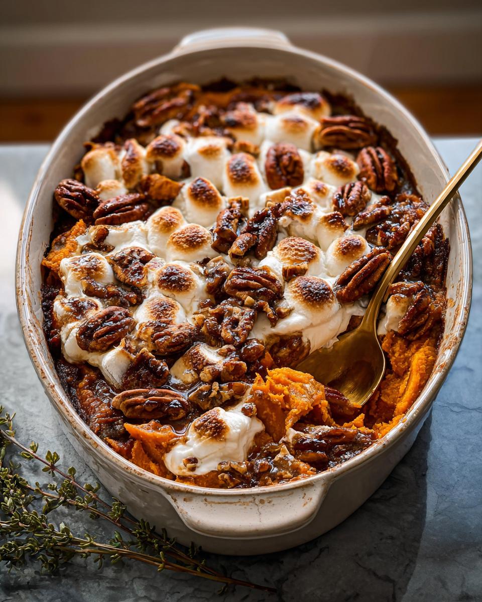 A close-up of a Southern Maple Sweet Potato Casserole topped with toasted marshmallows and pecans in a baking dish.