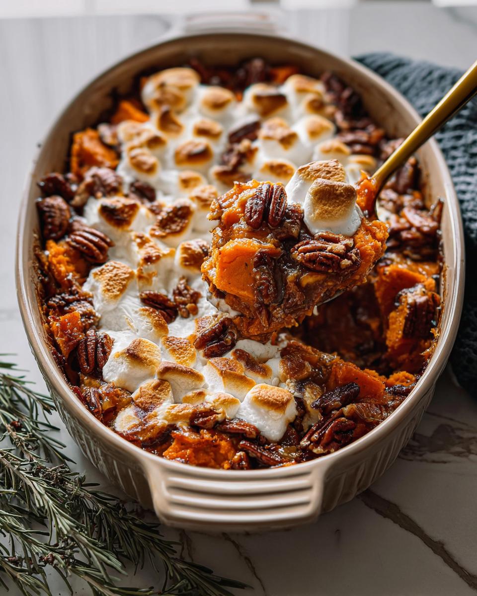 A spoonful of Southern Maple Sweet Potato Casserole topped with toasted marshmallows and pecans.