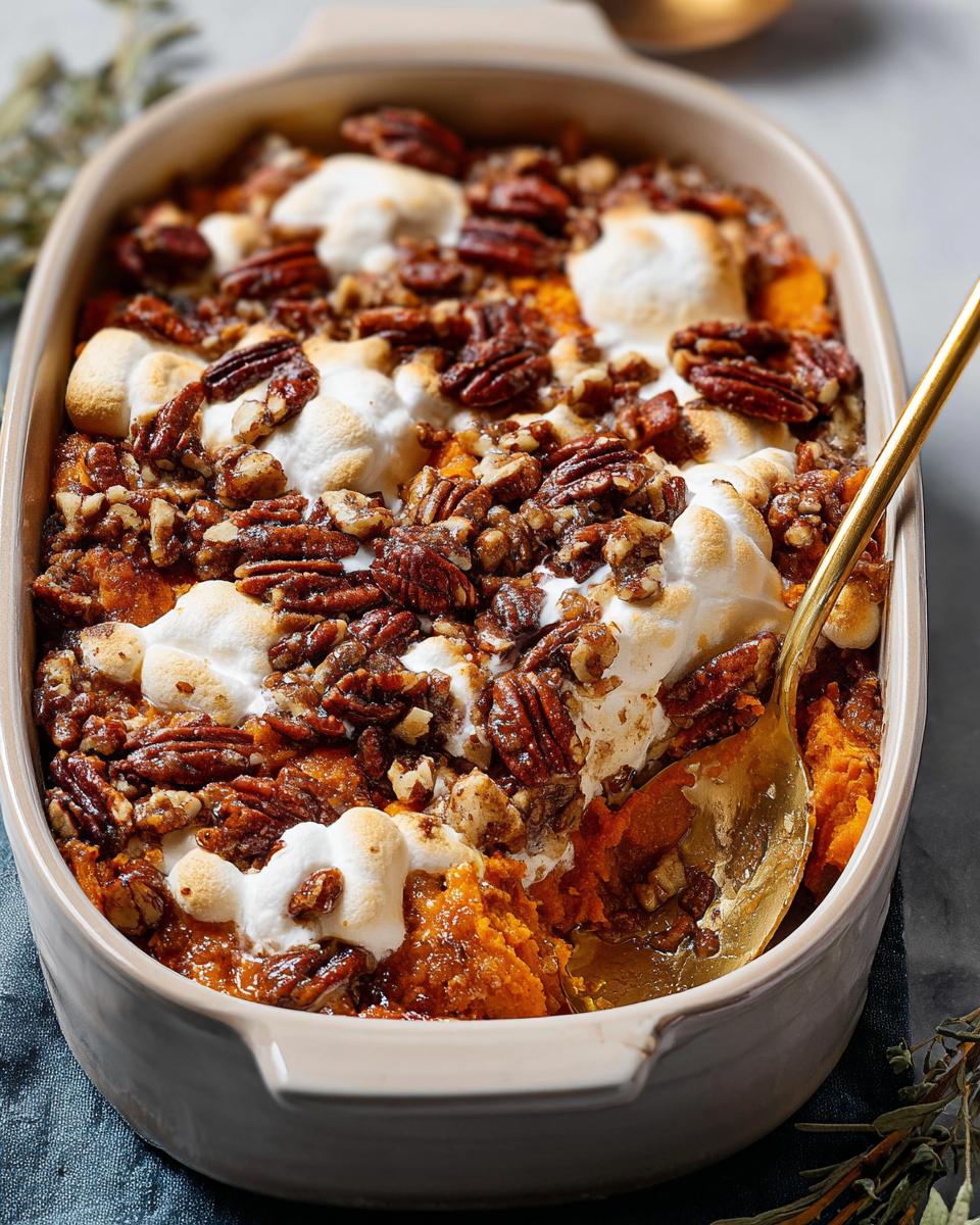 A close-up of a Southern Maple Sweet Potato Casserole topped with toasted pecans and melted marshmallows.