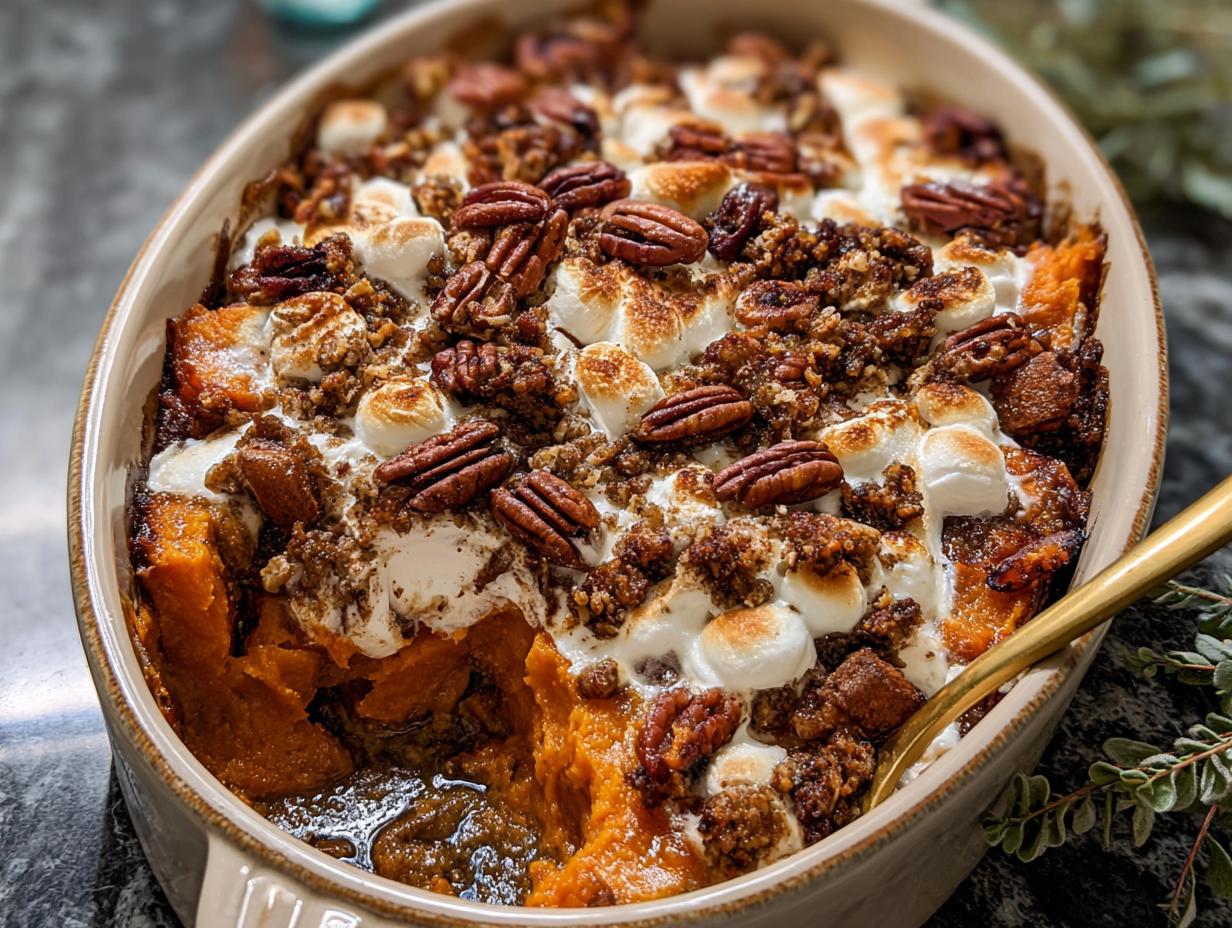 A close-up of a Southern Maple Sweet Potato Casserole topped with toasted marshmallows, pecans, and a crumble topping.