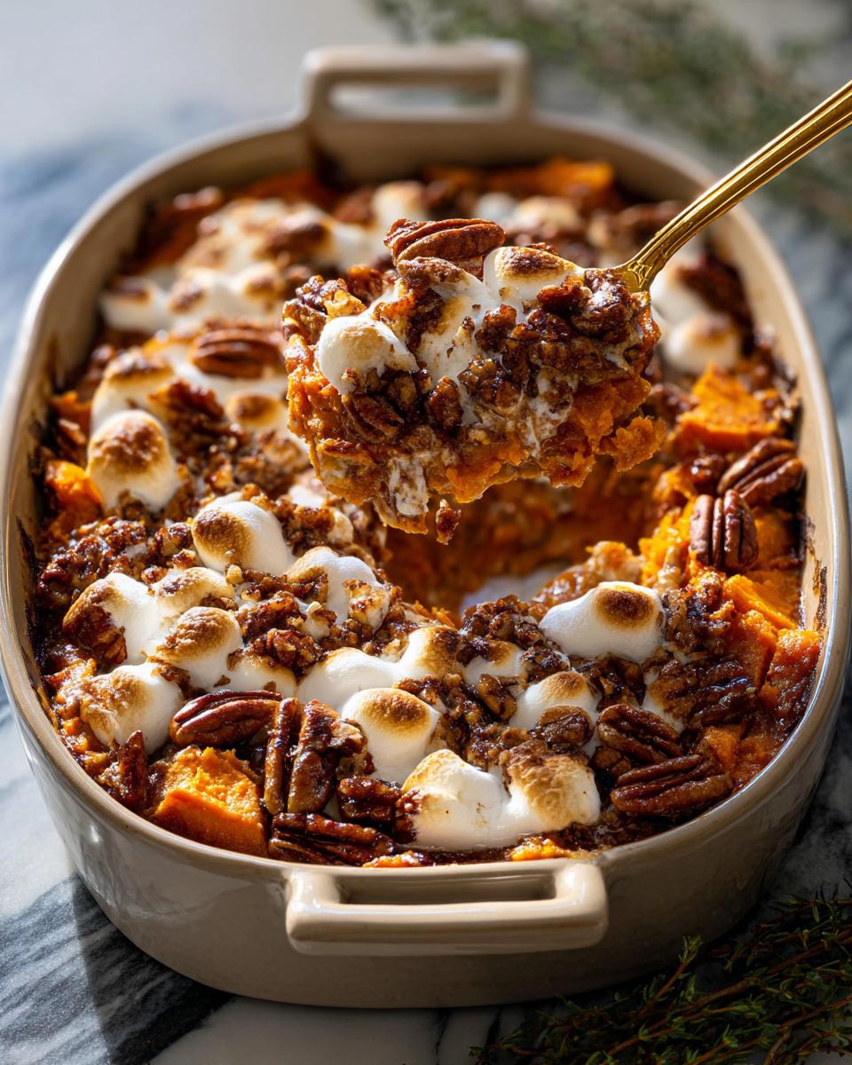 A spoonful of Southern Maple Sweet Potato Casserole topped with toasted marshmallows and pecans.