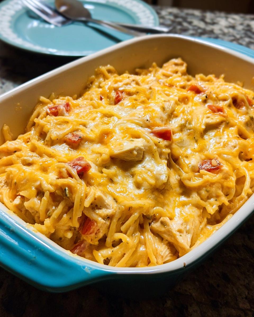 A close-up of a blue baking dish filled with cheesy Spicy Cheddar & Rotel Chicken Spaghetti Bake.
