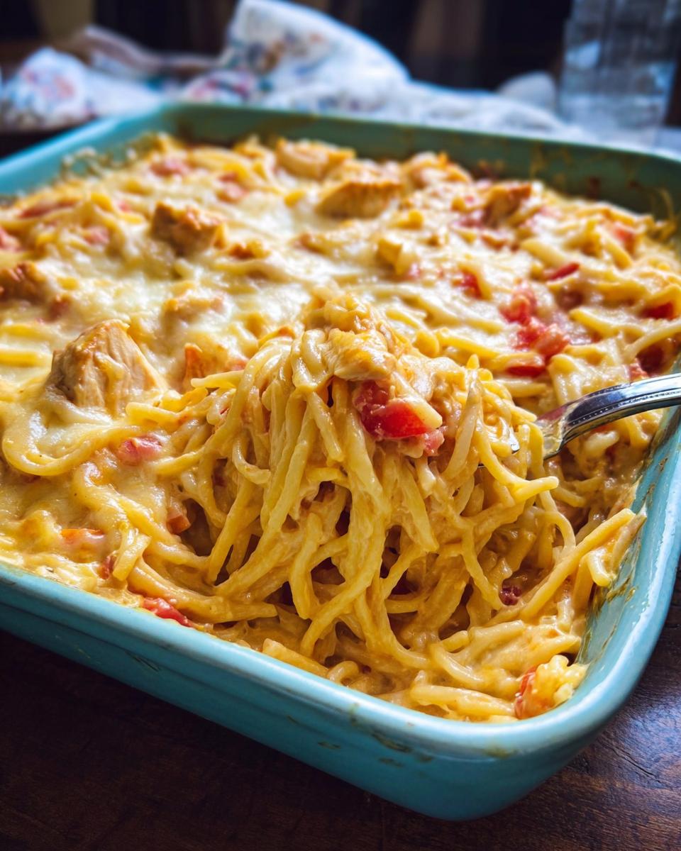 A fork lifting a portion of Spicy Cheddar & Rotel Chicken Spaghetti Bake from a blue baking dish, showing creamy pasta, chicken, and tomatoes.