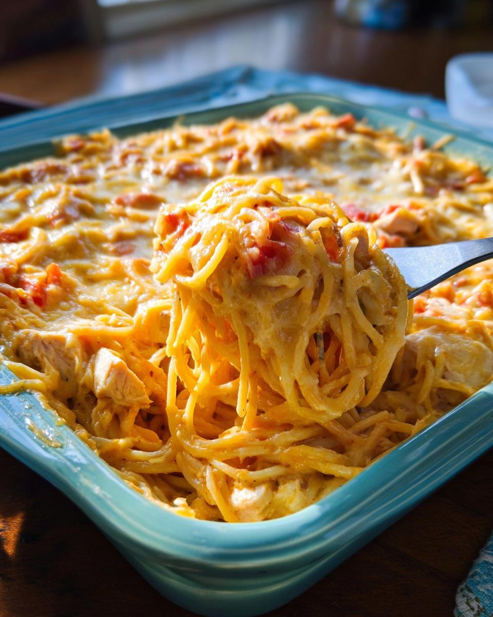 A fork lifting a generous portion of Spicy Cheddar & Rotel Chicken Spaghetti Bake from a blue baking dish.