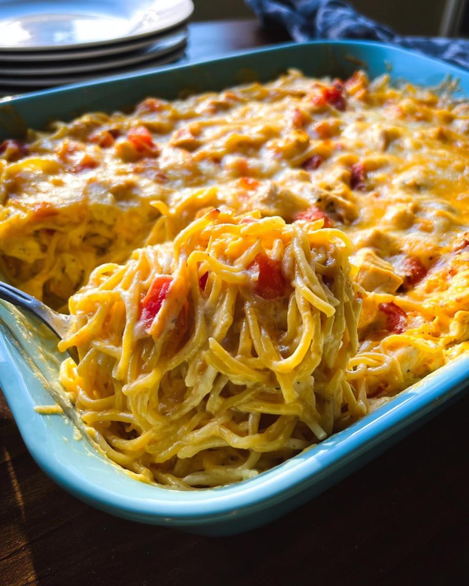 A fork lifting a generous portion of cheesy Spicy Cheddar & Rotel Chicken Spaghetti Bake from a blue baking dish.