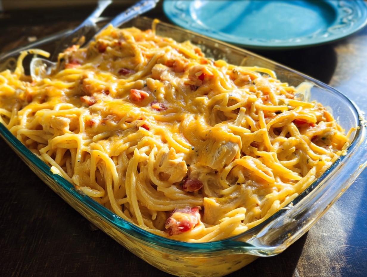 A close-up of a glass baking dish filled with cheesy Spicy Cheddar & Rotel Chicken Spaghetti Bake.
