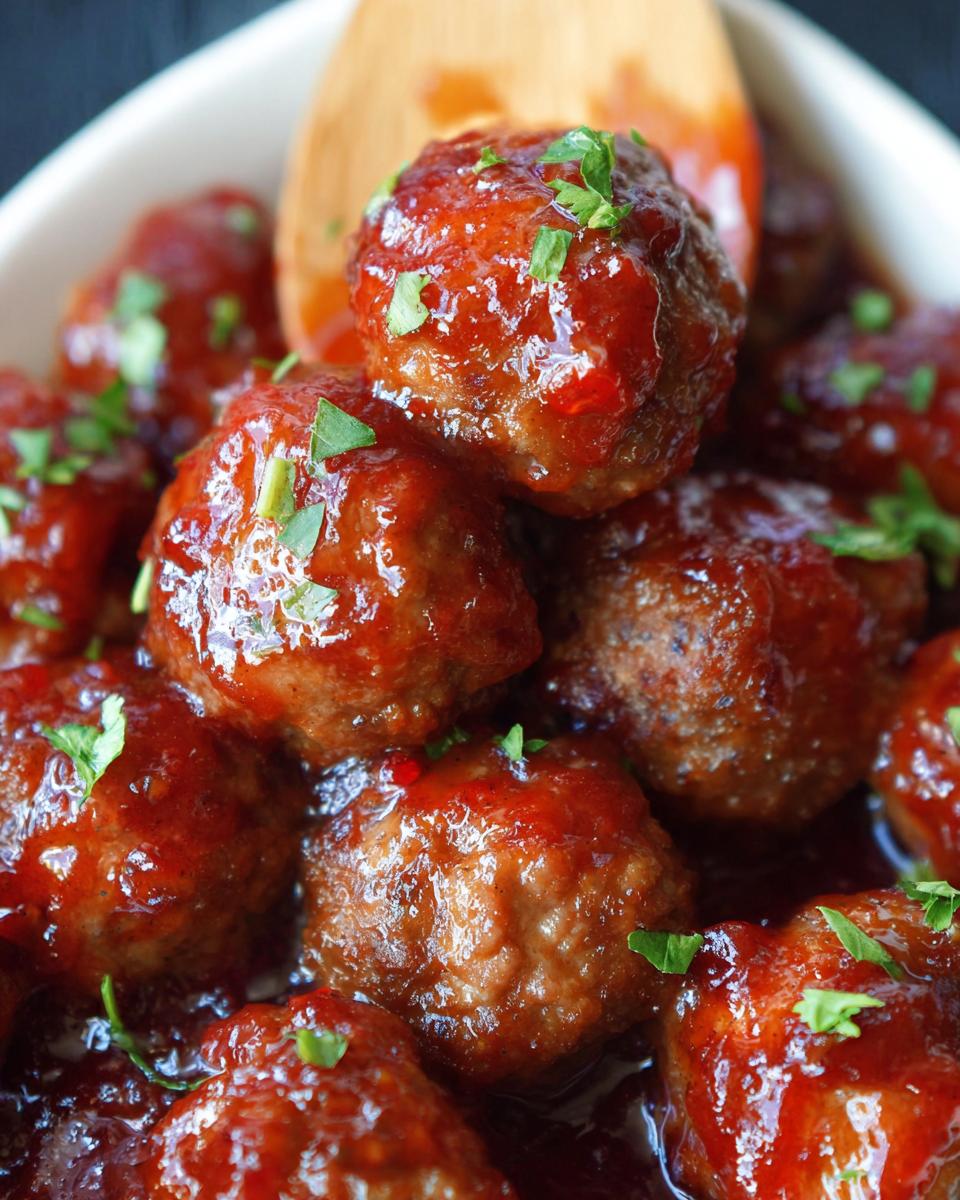 A close-up of glistening Spicy Cranberry Cocktail Meatballs in a rich sauce, garnished with fresh parsley.