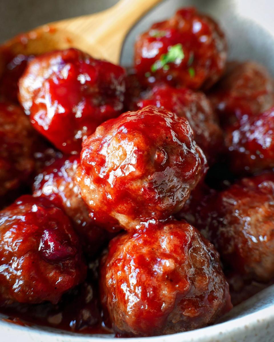 A close-up of glistening Spicy Cranberry Cocktail Meatballs coated in a rich, red sauce, with a wooden spoon in the background.