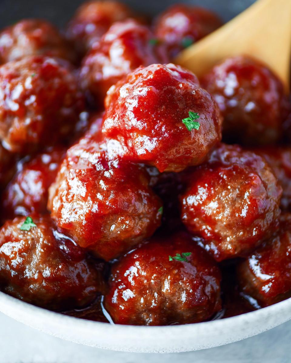 A close-up shot of glistening Spicy Cranberry Cocktail Meatballs in a rich, red sauce, garnished with parsley.