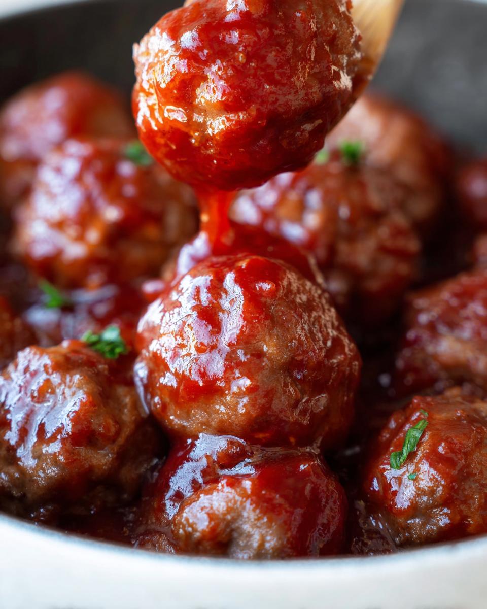 Close-up of Spicy Cranberry Cocktail Meatballs being scooped with a wooden spoon, coated in a glossy sauce.