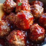 A close-up of glistening Spicy Cranberry Cocktail Meatballs coated in a rich, red sauce, with a wooden spoon visible.