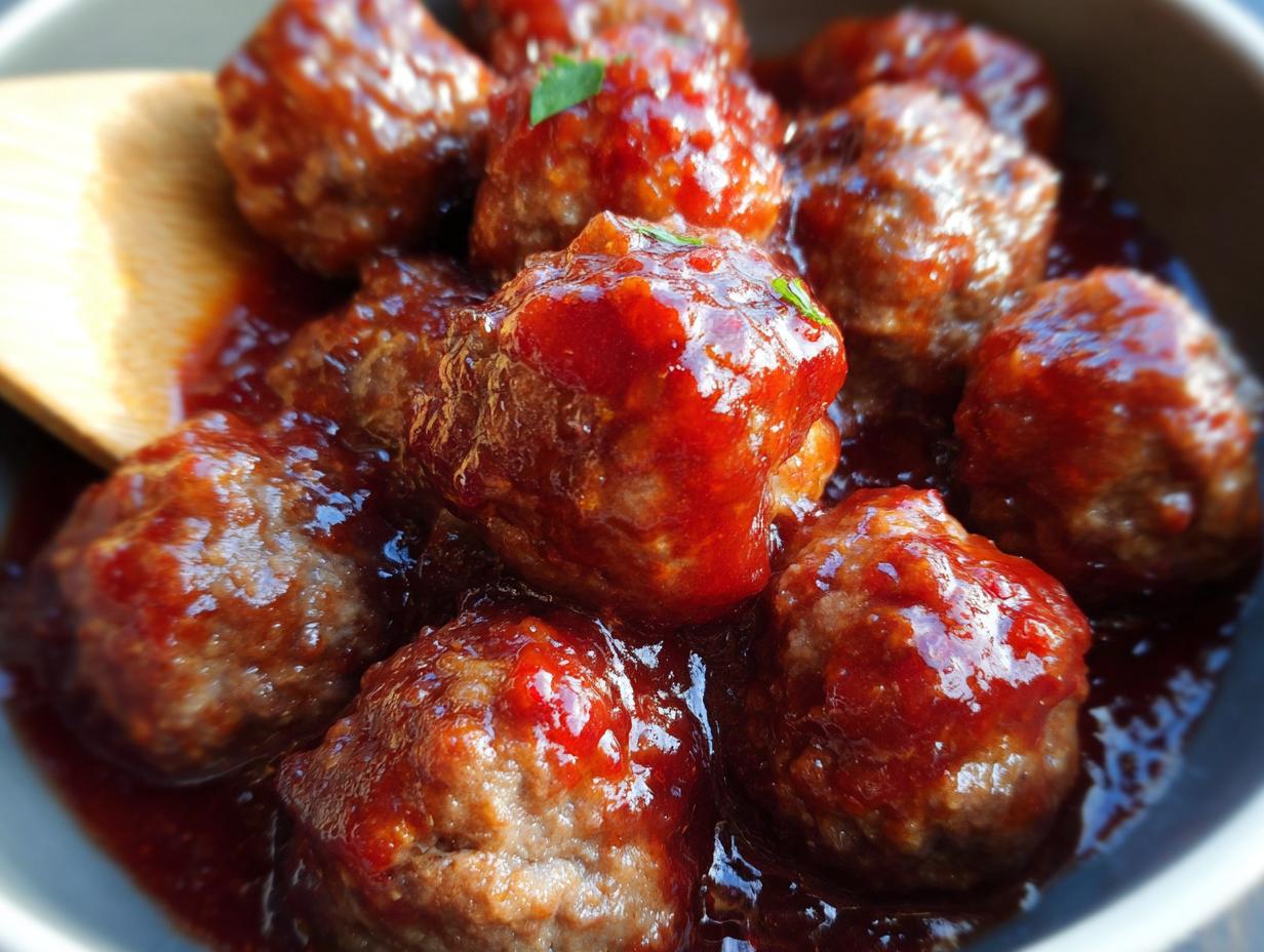 A close-up of glistening Spicy Cranberry Cocktail Meatballs coated in a rich, red sauce, with a wooden spoon visible.