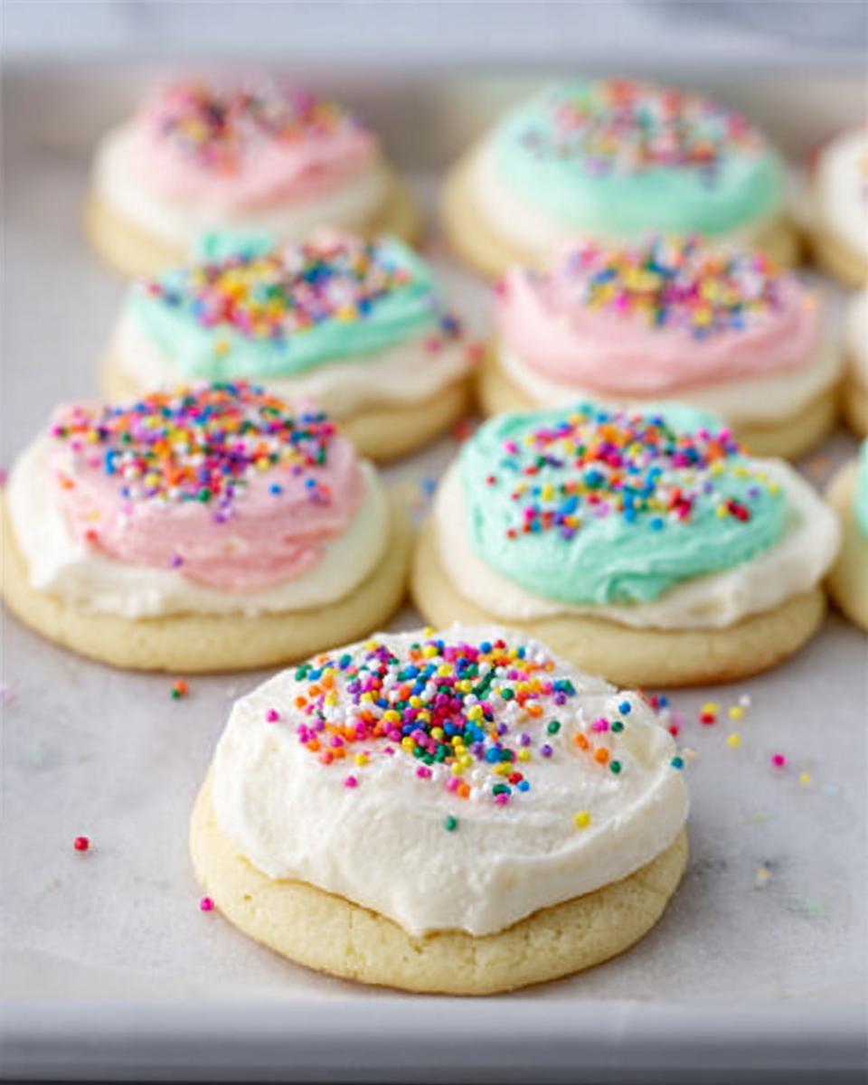 Close-up of sugar cookies topped with The Best Sugar Cookie Frosting in pastel colors and rainbow sprinkles.