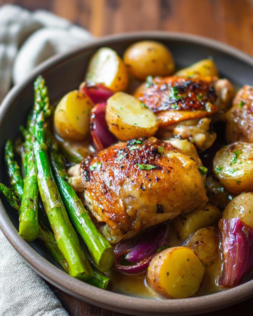 Close-up of a bowl of Summer Crockpot Lemon Chicken Stew, featuring golden-brown chicken thighs, baby potatoes, asparagus, and red onion.