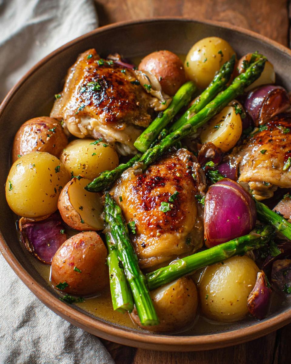 A close-up of Summer Crockpot Lemon Chicken Stew featuring golden-brown chicken thighs, baby potatoes, asparagus spears, and red onion wedges.