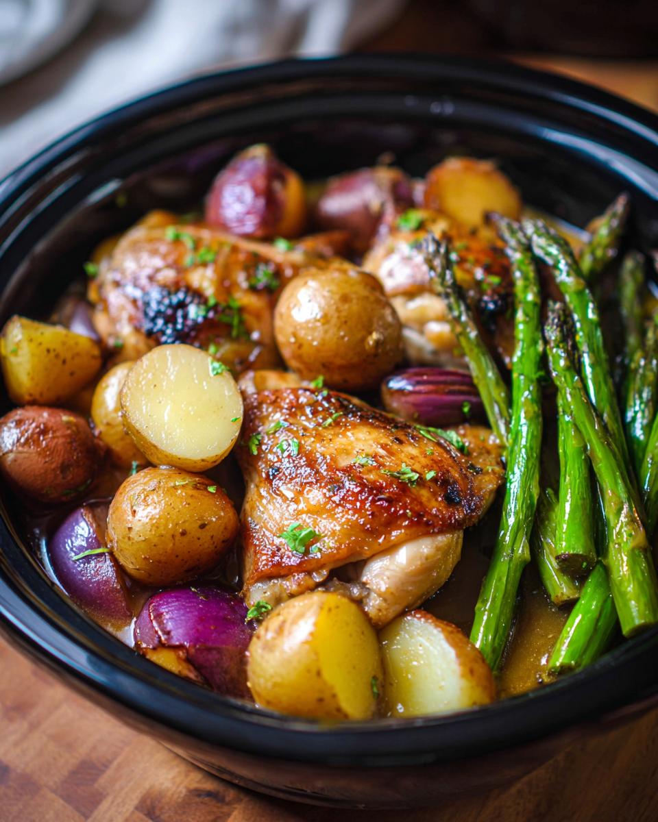 A close-up of Summer Crockpot Lemon Chicken Stew featuring chicken thighs, baby potatoes, red onions, and asparagus in a black crockpot.