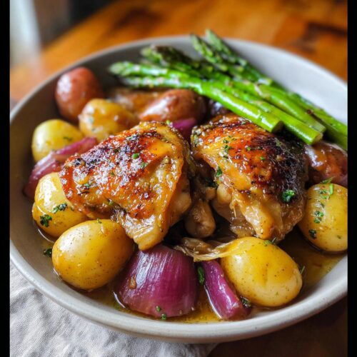 A bowl of Summer Crockpot Lemon Chicken Stew featuring golden-brown chicken thighs, baby potatoes, red onion wedges, and asparagus spears.