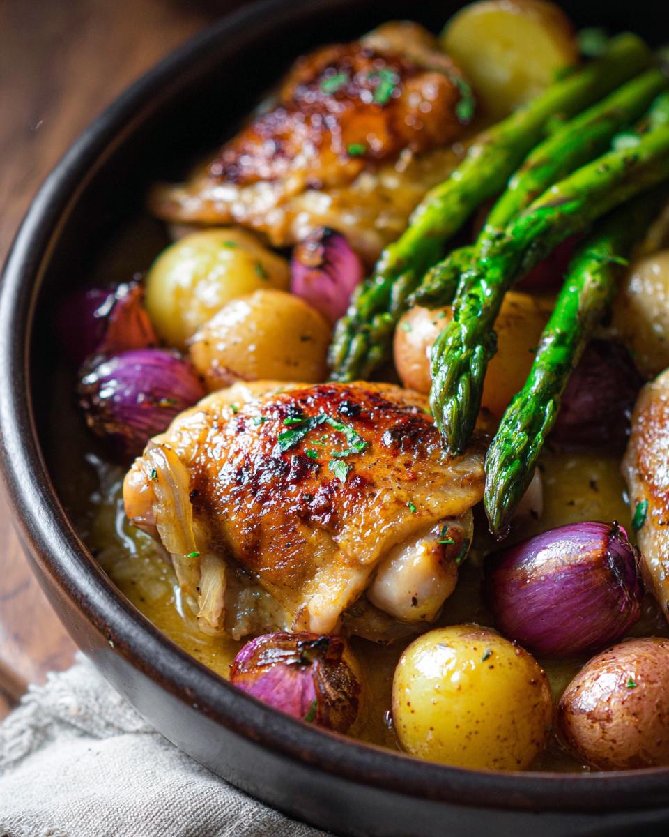 Close-up of Summer Crockpot Lemon Chicken Stew with golden-brown chicken thighs, baby potatoes, red onions, and asparagus spears in a rustic bowl.