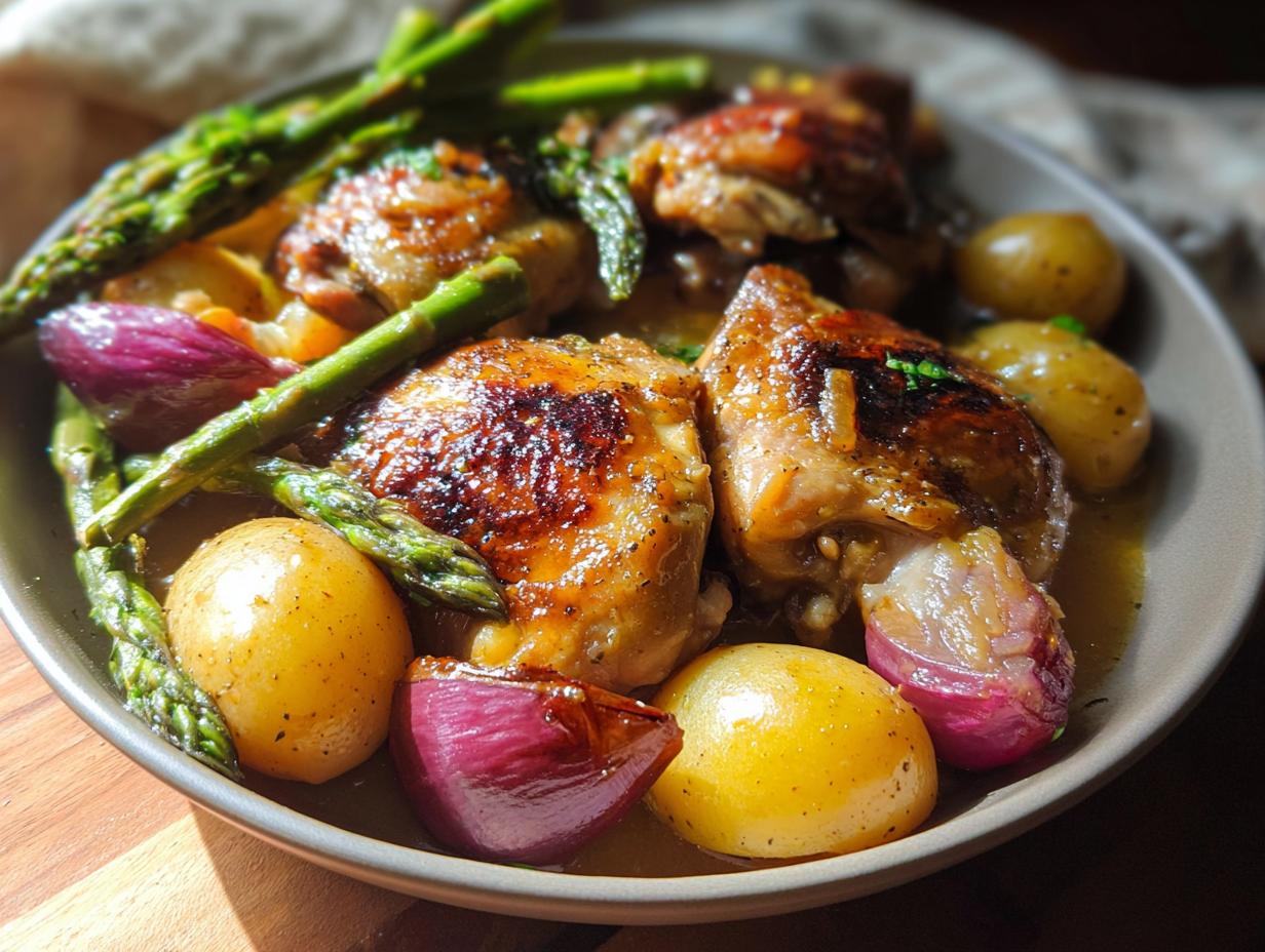 A close-up of Summer Crockpot Lemon Chicken Stew featuring golden-brown chicken thighs, asparagus, red onions, and small potatoes in a savory sauce.