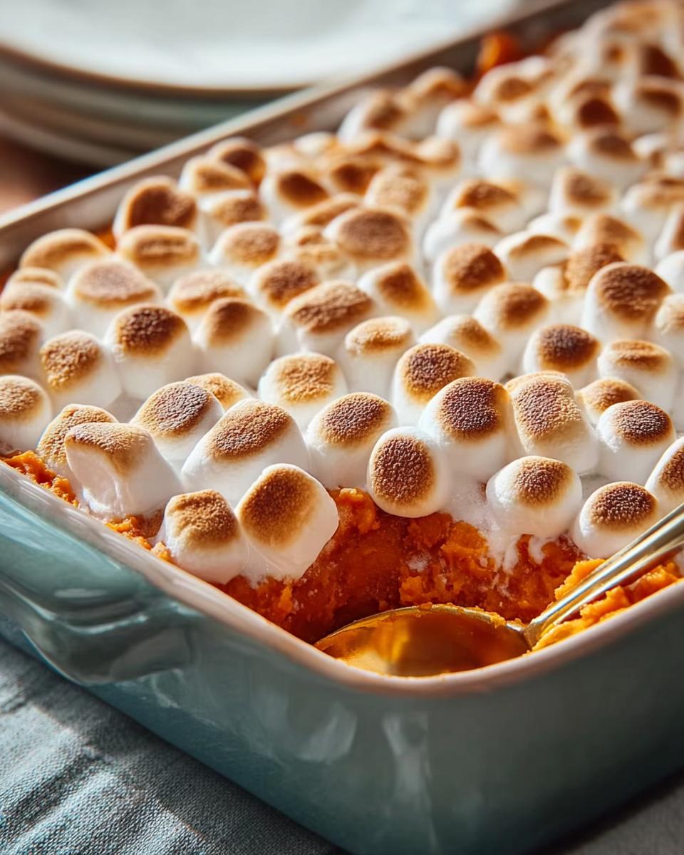 A close-up of a baked Sweet Potato Casserole with Marshmallows, showing golden-brown toasted marshmallows on top.