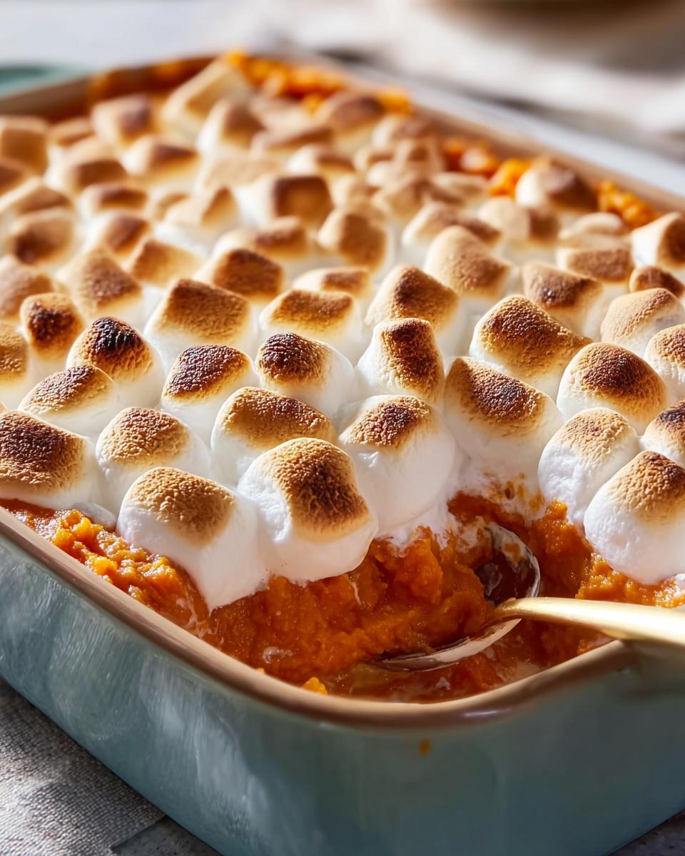 Close-up of a golden-brown baked Sweet Potato Casserole with Marshmallows, with a spoon scooping a portion.