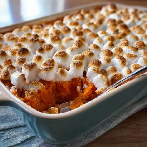 Close-up of a baked Sweet Potato Casserole with Marshmallows, showing toasted marshmallows and creamy sweet potato filling.