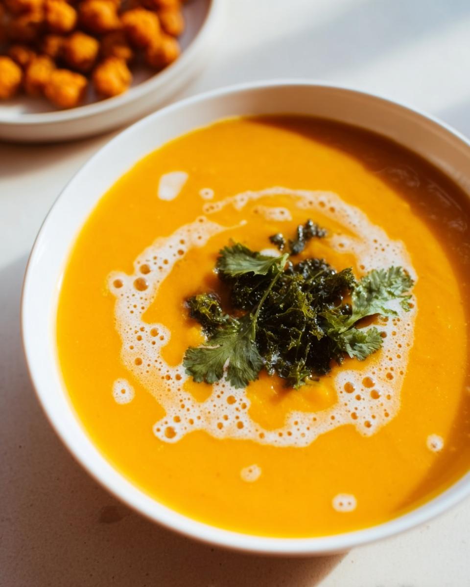 A close-up of a bowl of vibrant orange Sweet Potato Lentil Soup, garnished with fresh herbs and a swirl of cream.