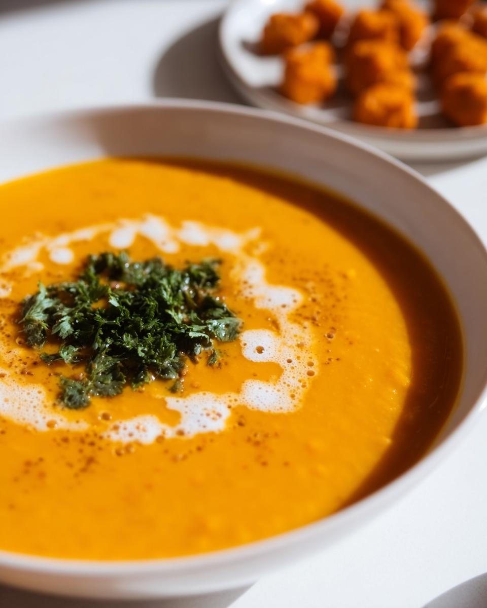 A close-up of a bowl of vibrant orange Sweet Potato Lentil Soup, garnished with fresh parsley and a swirl of cream.