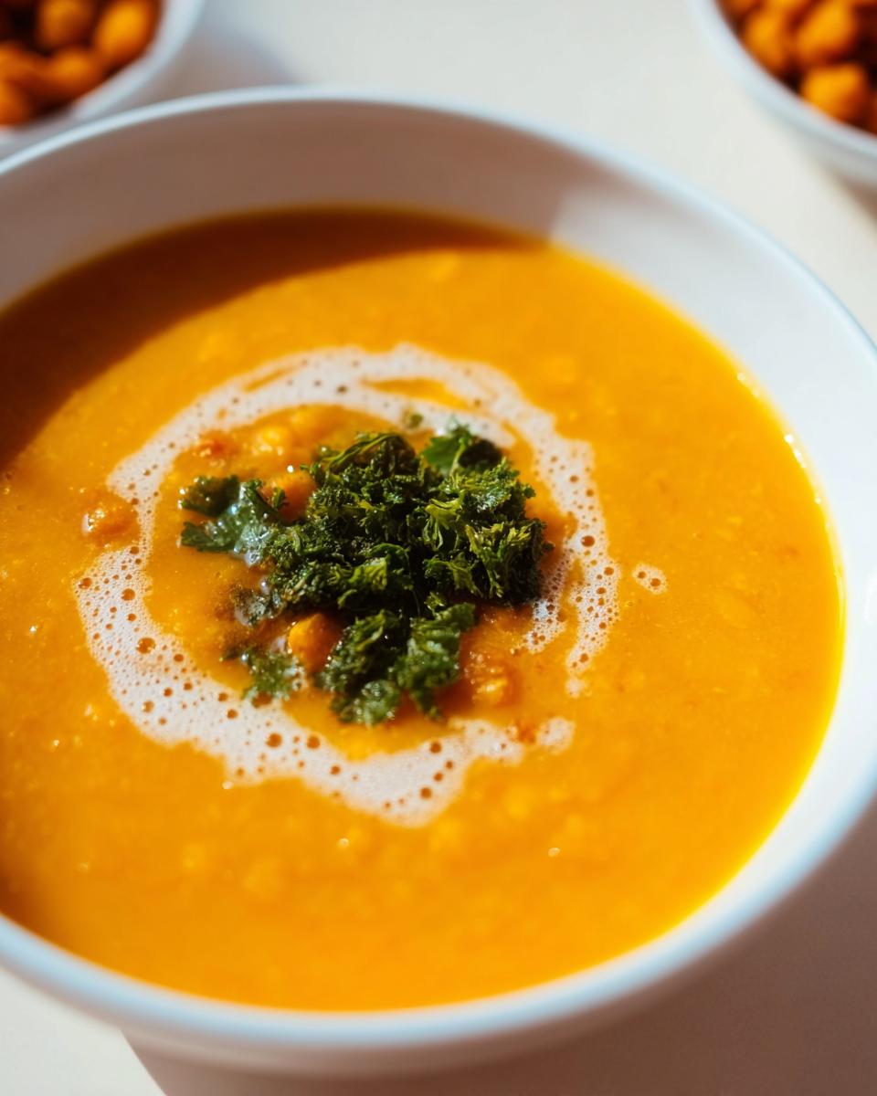 A close-up of a bowl of vibrant orange Sweet Potato Lentil Soup, garnished with fresh herbs and a swirl of cream.