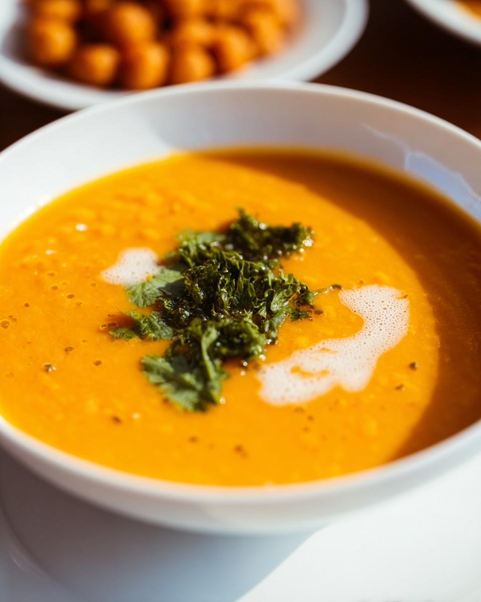 A close-up of a bowl of vibrant orange Sweet Potato Lentil Soup, garnished with fresh green herbs.