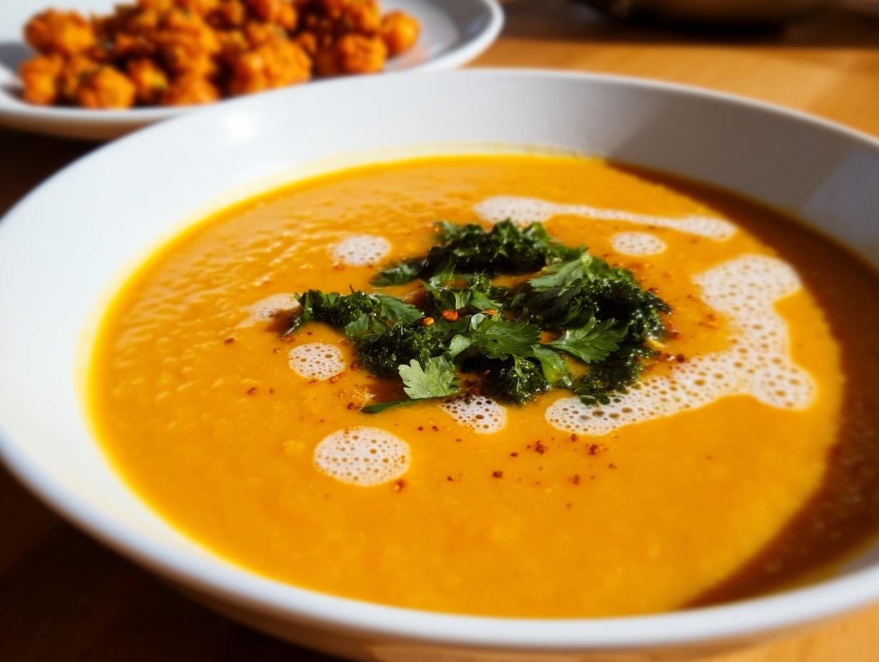 Close-up of a bowl of vibrant orange Sweet Potato Lentil Soup, garnished with fresh herbs and chili flakes.
