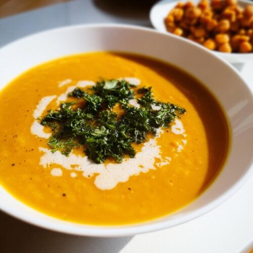 A close-up of a bowl of vibrant orange Sweet Potato Lentil Soup, garnished with fresh parsley and a swirl of cream.